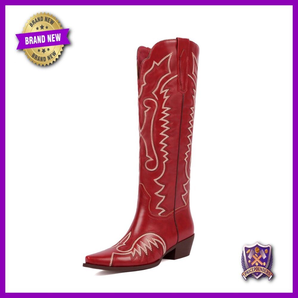Knee High Cowgirl Boots Chunky Heel Embroidery Western Vintage Fashion
